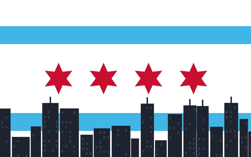 Illustration: Chicago flag stripes and red six-pointed stars above a city skyline